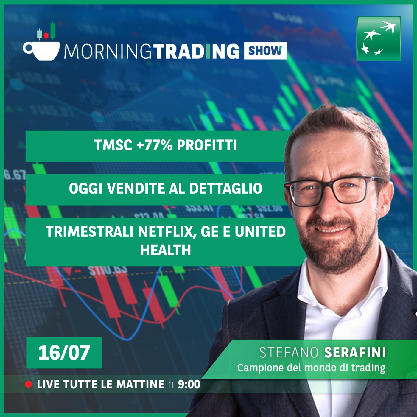TMSC +77% profitti, oggi Vendite al dettaglio, Trimestrali Netflix, GE e United Health - Morning Trading Show episode artwork