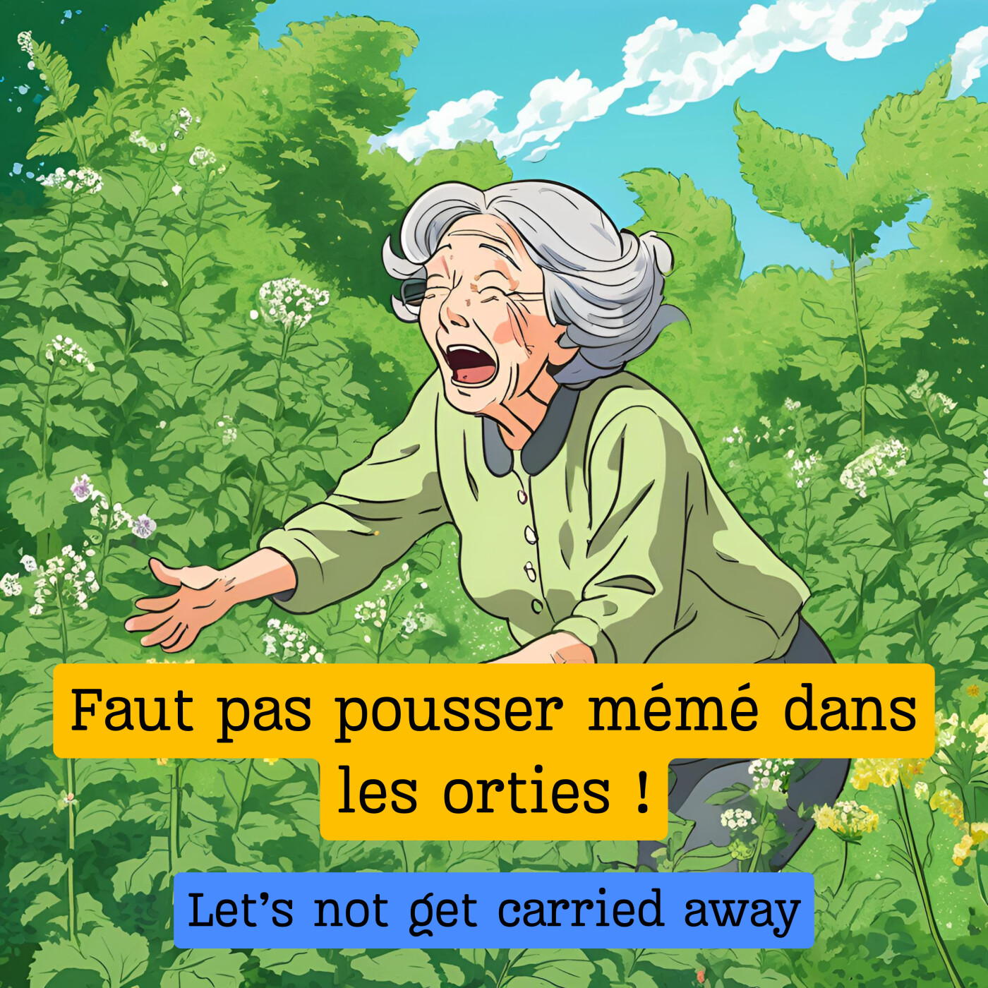 Expression française : Essayez de ne pas abuser :) "Faut pas pousser mémé dans les orties"