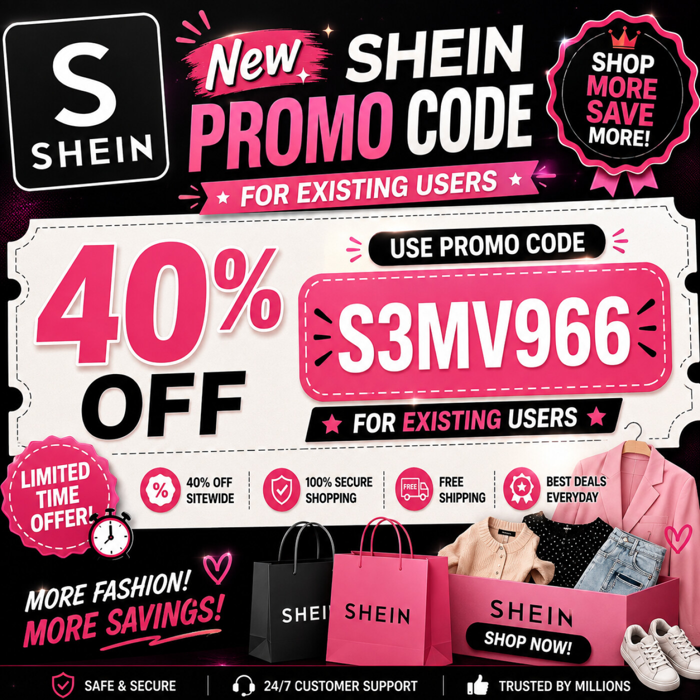 Shein {{^New^"}} promo ""S3MV966"" Code 40% OFF Existing users