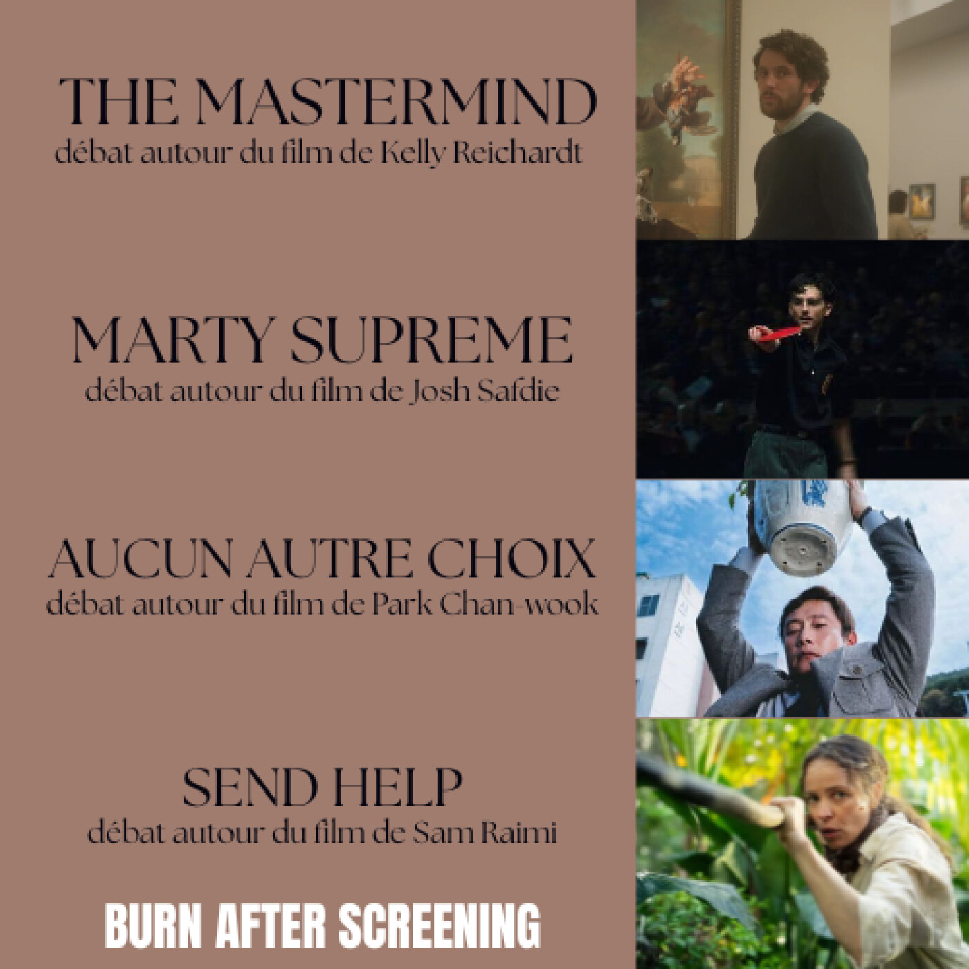 Émission #28 : THE MASTERMIND, MARTY SUPREME, AUCUN AUTRE CHOIX et SEND HELP episode artwork