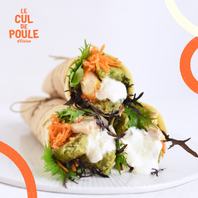 #28 - Wrap de printemps au poulet rôti, galets de pois chiches et sauce citron-yaourt cover